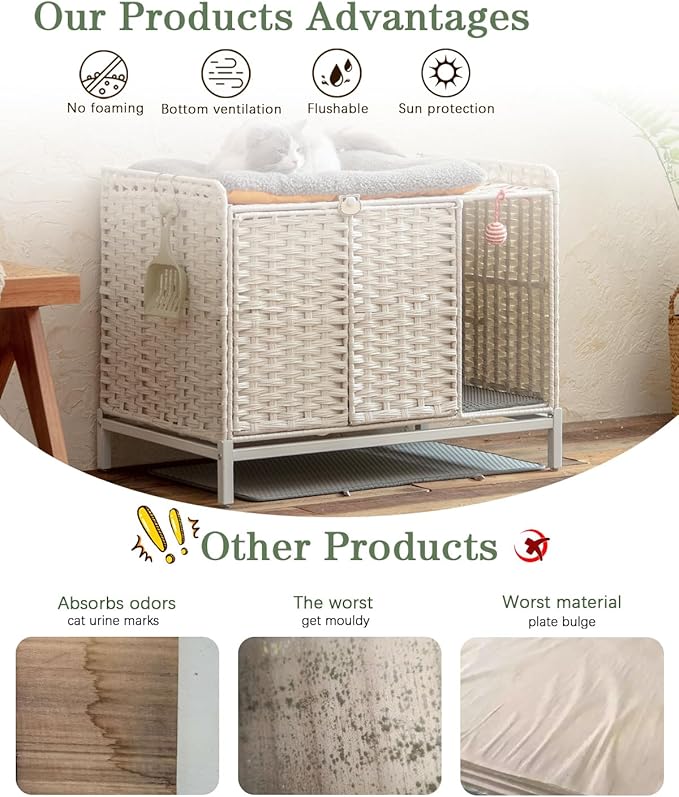 Cat Litter Box Enclosure Furniture with Divider, Handwoven Rattan Litter Box with Mat, 31.2 x 19.6 x 24.2 Inches, Metal Heightened Feet, Hidden Cat House for Living Room, Bedroom (White)-Mewly Pet
