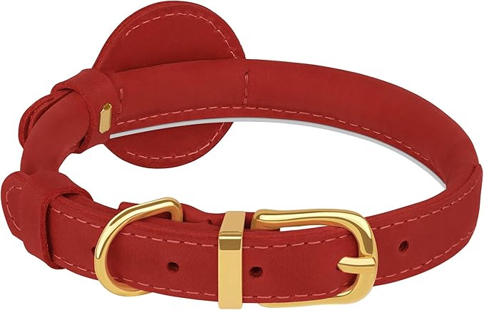 OOPSDOGGY Rolled Leather Dog Collar with Airtag Holder - Reflective Round Airtag Dog Collar - Soft Tracking Pet Collar for Small Dogs Puppy Cats Kitten (Red, L, 14"-18")-Mewly Pet