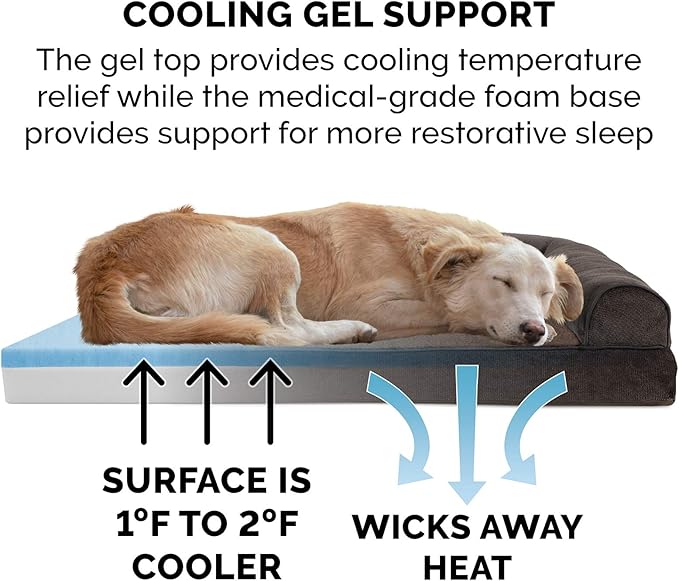Furhaven Cooling Gel Dog Bed for Large Dogs w/ Removable Bolsters & Washable Cover, For Dogs Up to 95 lbs - Sherpa & Chenille Sofa - Coffee, Jumbo/XL-Mewly Pet