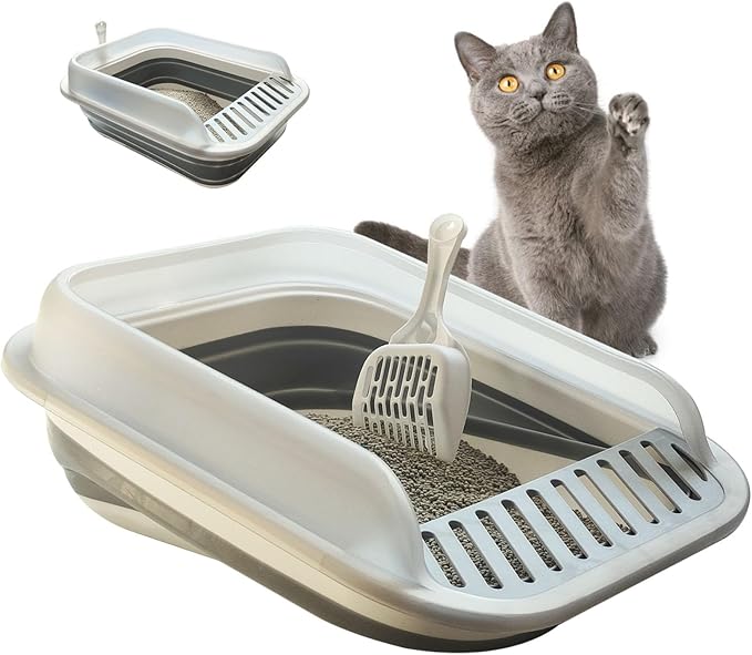 Open Cat Litter Box with High Side, Anti-Splashing Kitty Litter Pan Collapsible Travel Litter Potty Pan Scoop Leak-Proof Pedal Cat Toilet No Smell Easy Clean (M Gray High Side)-Mewly Pet