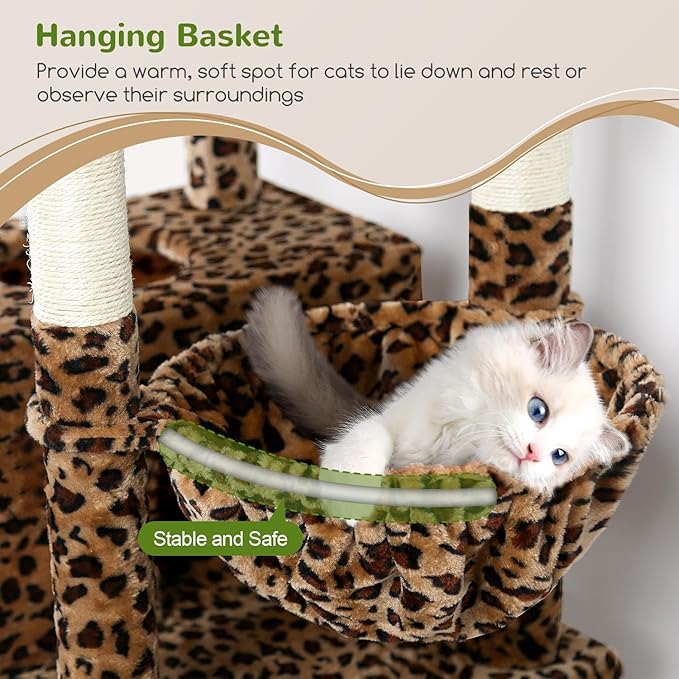Globlazer Heavy Duty Cat Trees for Large Cats, Sturdy 72in Maine Coon Cat Tree for Large Cat 20 lbs+ Heavy Duty Cat Tower for Adult Biggest Cats with 6 Scratching Posts, Hammock, S72, Leopard Print-Mewly Pet