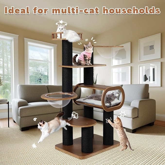63'' Modern Cat Tree, Black Cat Tower with Scratching Post, Wooden Cat Tree for Indoor Cats Large Adult, Luxury Cat Furniture, Heavy Duty Activity Center with Transparent Bowl and Semi-Closed Condo-Mewly Pet
