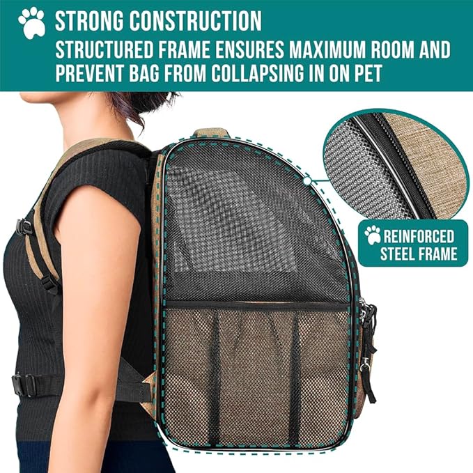 PetAmi Dog Backpack Carrier for Small Large Cat, Pet, Puppy, Ventilated Pet Hiking Backpack Travel Bag, Airline Approved Cat Backpack Carrier, Camping Biking Dog Bag Up to 18lbs Pet, Taupe-Mewly Pet
