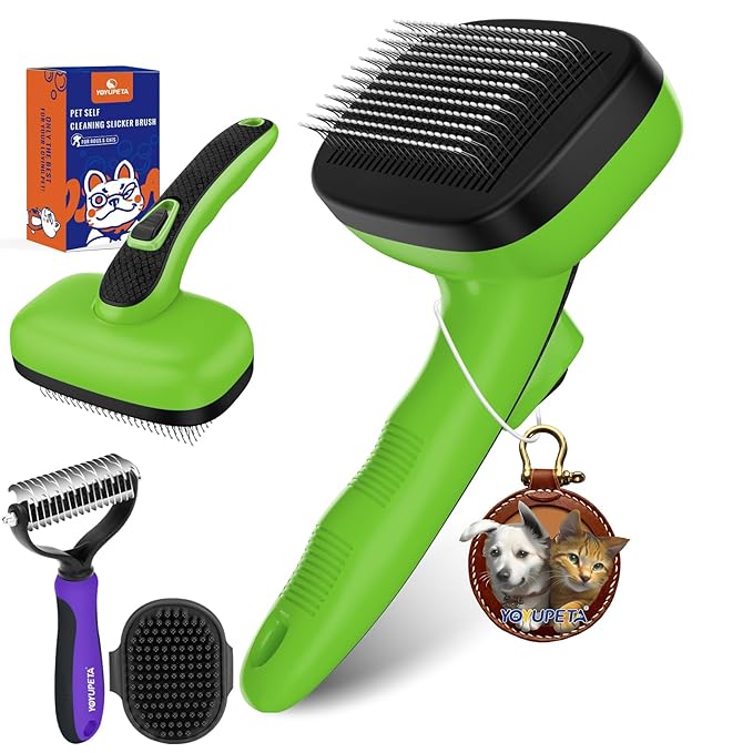 Dog Brush Kit - Self-Cleaning Slicker Brush with Bath Brush & Undercoat Rake | Deshedding Tools for Large - Small Dogs & Cats, Professional 3-in-1 Pet Grooming Set for Heavy Shedding, Green-Mewly Pet