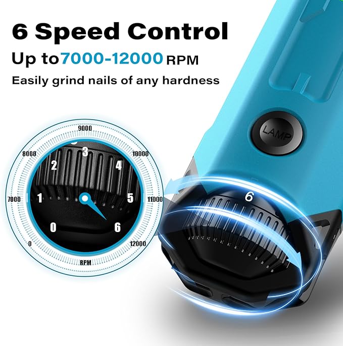 Casfuy 6-Speed Dog Nail Grinder - Newest Enhanced Pet Nail Grinder Super Quiet Rechargeable Electric Dog Nail Trimmer Painless Paws Grooming & Smoothing Tool for Large Medium Small Dogs (Bright Blue)-Mewly Pet