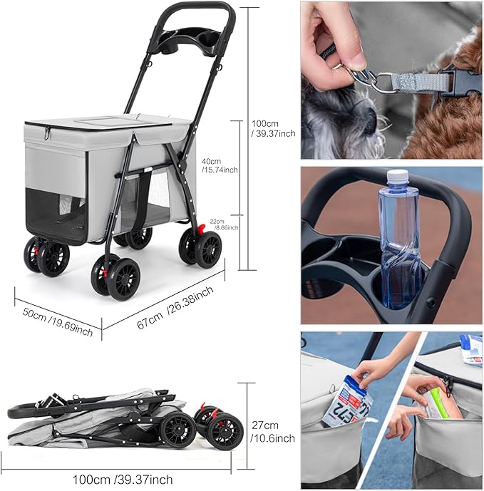 Pet Stroller Cat Dog Stroller Travel Folding Pet Carriers（Gray）-Mewly Pet