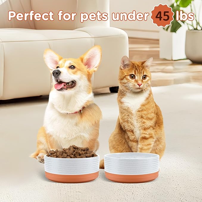 SPUNKYJUNKY Ceramic Dog and Cat Bowls 2 Pack, 6.1'' Dog and Cat Food Water Double Feeding Bowls Non-Slip for Cats and Medium Sized Breed Dogs Microwave Dishwasher Safe - 28.7 OZ, 2pcs, Pattern White-Mewly Pet