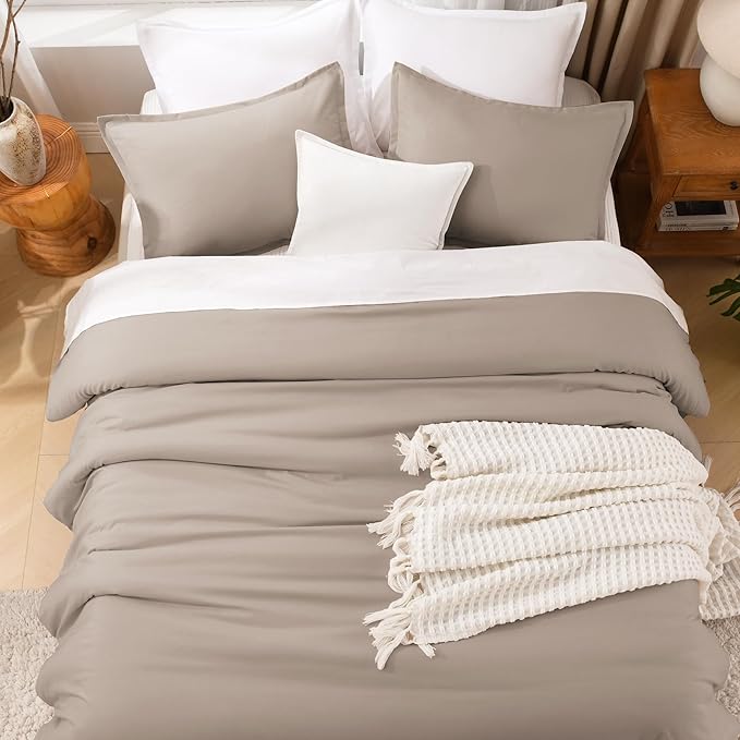 Litanika Light Coffee Comforter Set Queen Size, 3 Pieces Lightweight Solid Bedding Comforter Set, All Season Fluffy Bed Set (90x90In Comforter & 2 Pillowcases)