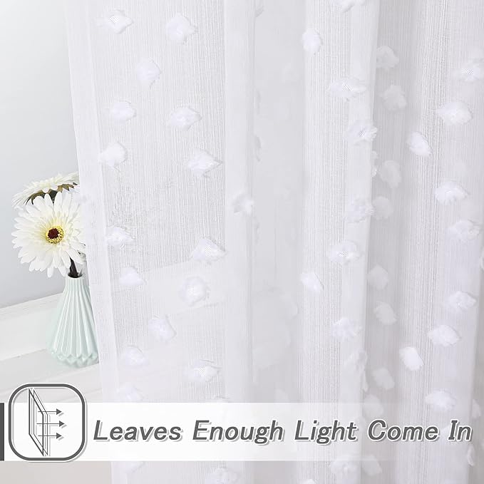 MYSKY HOME Pom Pom White Sheer Curtains for Bedroom Girls Room Curtains 120 Inches Long for Nursery Kids Light Filtering Boho Window Drapes, Rod Pocket, 38" Wide, 2 Panels