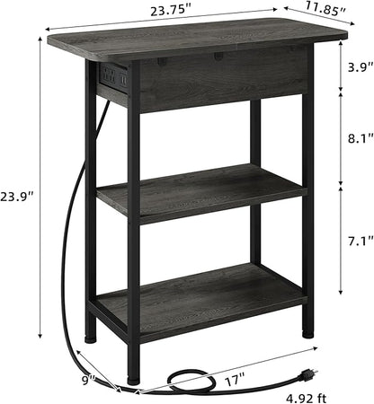 LIDYUK End Table with Charging Station, Flip Top Side Table with USB Ports and Outlets, Nightstand for Small Spaces, Bedside Tables with Storage Shelf for Living Room, Bedroom, Dark Grey