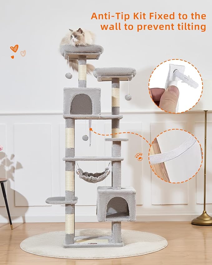 Taoqimiao Cat Tree, 68-Inch Cat Tree Cat Tower for Indoor Cats, Plush Multi-Level Cat Condo with 6 Scratching Posts, 2 Perches, 2 Caves,Hammock, 3 Pompoms,MS020SW Light Gray-Mewly Pet