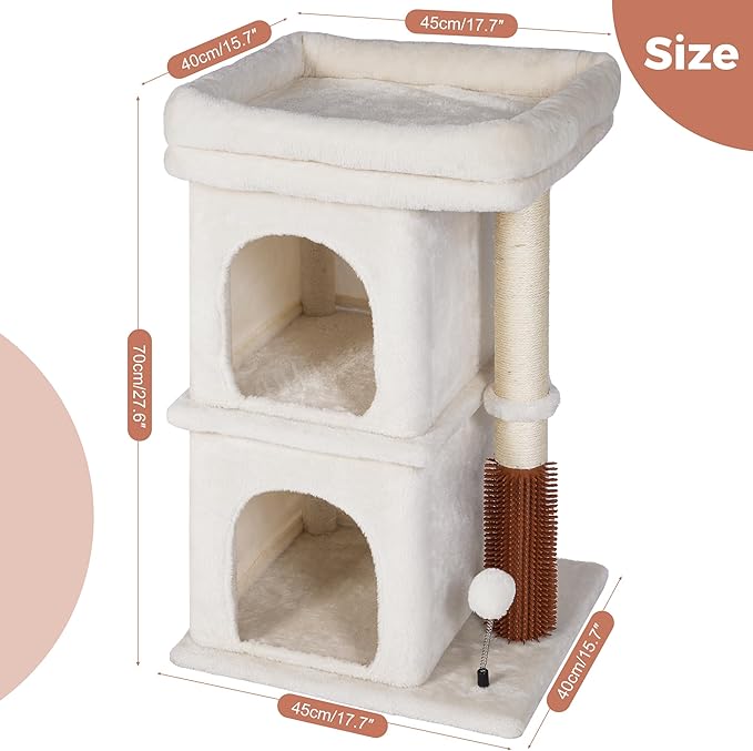 Cat Tree with Large Top Bed 17.7x15.7” Small Cat Tower with Dual Condos,28” Fully Scratching Post and Self Groomer for Indoor Cats-Beige-Mewly Pet