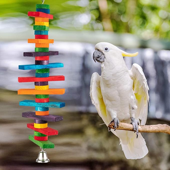 MEWTOGO 2 Pcs Bird Toys - Parrot Toys with Multicolored Natural Wooden Blocks, Chewing Sticks for Conures, Parakeets, Cockatiels, Lovebirds, African Grey, Macaws, Amazon Parrots - Bird Gift-Mewly Pet