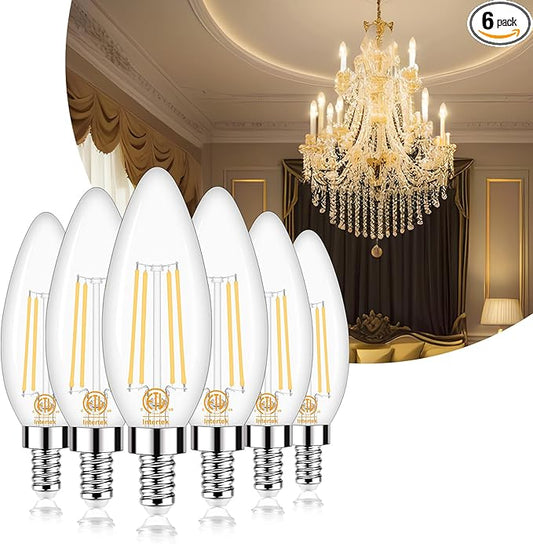 Honesorn E12 LED Bulb Dimmable, 60-Watt Equivalent, Candelabra Led Light Bulbs, 3000k Warm White, Type B Chandelier Light Bulb for Ceiling Fan, C35 B11 Candle led for Candelabra Base, 6 Pack