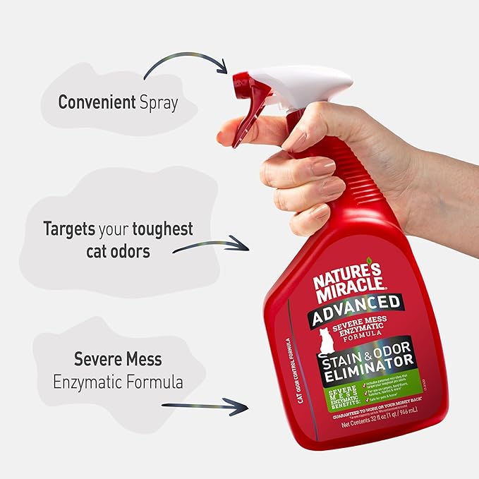 Nature's Miracle Advanced Cat Stain and Odor Eliminator Spray, Severe Mess Enzymatic Formula, 32 fl oz-Mewly Pet