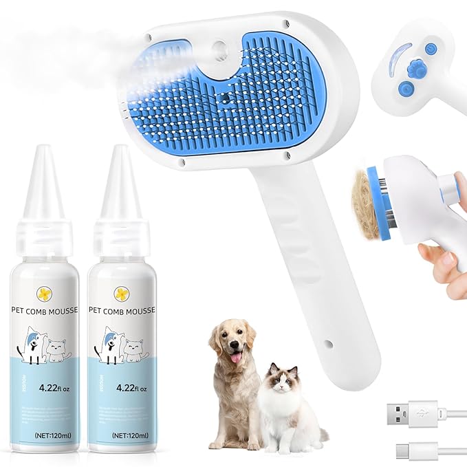 Pet Steam Brush for Dog & Cat - 3-in-1 Steam Grooming Brush for Shedding & Hair Removal - Self Cleaning Spray Comb with Mist for Long Haired Pets - Includes 2*Waterless Shampoo, Blue-Mewly Pet