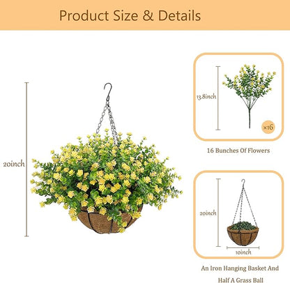 Artificial Hanging Flowers Basket for Outdoor, 16 Fake Flowers Look Real UV Resistant, Faux Hanging Plants for Porch, Balcony, Patio, Garden, Spring Summer Decor,Yellow
