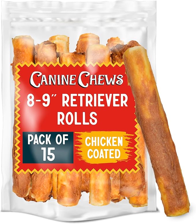 Canine Chews 8-9" Chicken Coated Dog Rawhide Retriever Rolls (15 Pack) - Chicken Rawhide Bones for Large Dogs - 100% USA-Sourced Chicken Coated Dog Rawhide Chews - Healthy Dog Dental Chew Rawhides-Mewly Pet