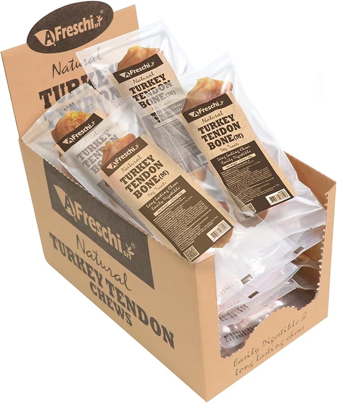 Afreschi Natural Turkey Tendon Bone (M) 20 Units/Box, Dog Treats for Signature Series, All Natural Human Grade Puppy Chew, USA-Sourced Turkey Tendon, Hypoallergenic, Rawhide Alternative-Mewly Pet