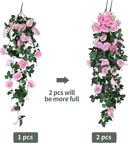 RECUTMS Hanging Flowers Artificial Rose Flower 2PCS 3.3Ft for Outdoors with 30 LED Fairy String Lights Fake Outdoor (Pink)