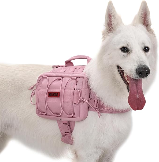 ONETIGRIS Dog Backpack for Medium & Large Dogs, Mammoth Nylon Dog Pack Tactical Backpack Harness with Side Pockets for Hiking Walking Training Running (Pink, Large)-Mewly Pet
