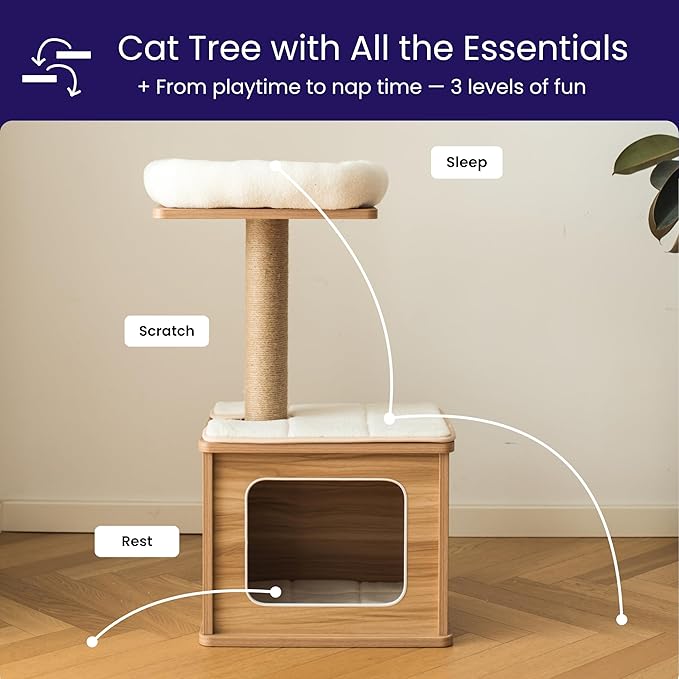 Catry 29.7" Tall 3 Level Laminated Wood Cat Tree with Large Base Condo, 2 Paded Steps, Natural Jute Scratching Post, Sturdy and Easy to Assemble for Small Cat, Brown-Mewly Pet