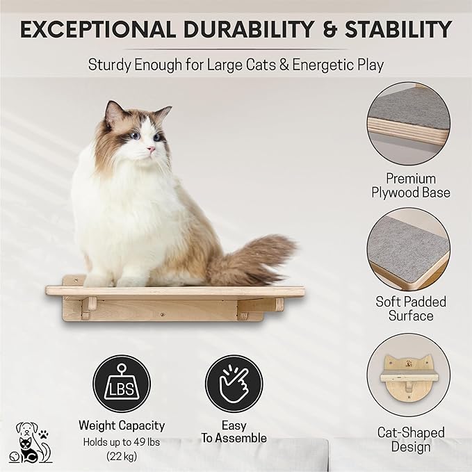 Snuggle & Play Cat Wall Shelves with Suction Cup Wand – 3 Mounted Steps, Climbing Wall Shelves and Furniture with Cat Wand-Mewly Pet