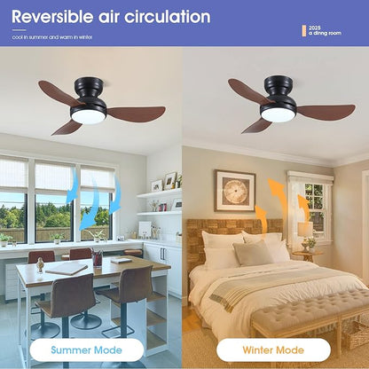36 Inch Modern Ceiling Fans with Lights, Small Flush Mount Ceiling Fan with Light and Remote/APP Control, 3 Reversible 6 Speeds Curved Blades, 3 CCT Dimmable Lights for Bedroom, Brown