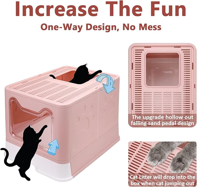 Foldable Cat Litter Box with Lid, Enclosed Potty, Large Top Entry Anti-Splashing Toilet, Easy to Clean Including Litter Scoop and 2-in-1 Cleaning Brush (Pink)-Mewly Pet