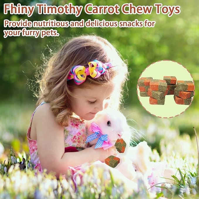 Fhiny 12 PCS Rabbit Carrots Chew Toys, Natural Timothy Hay Biscuit Cubes Rabbit Carrot Molar Treats Small Pet Snacks for Bunny Hamster Chinchilla Guinea Pig or Other Small Animals-Mewly Pet