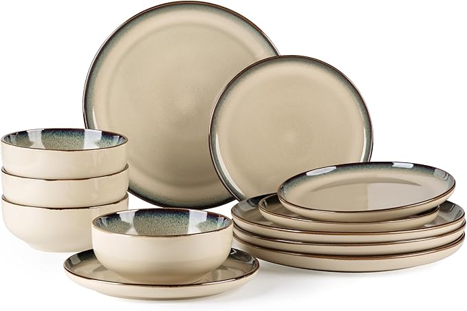 GBHOME Ceramic Dinnerware Sets for 4, 12 Pieces Stoneware Plates and Bowls Sets, Scratch Resistant Dishes, Dishwasher & Microwave Safe, Reactive Glaze-Gravel-Mewly Pet