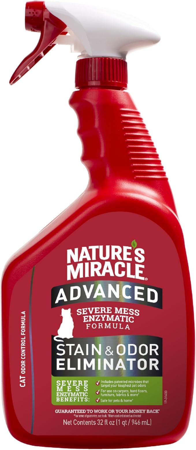 Nature's Miracle Advanced Cat Stain and Odor Eliminator Spray, Severe Mess Enzymatic Formula, 32 fl oz-Mewly Pet