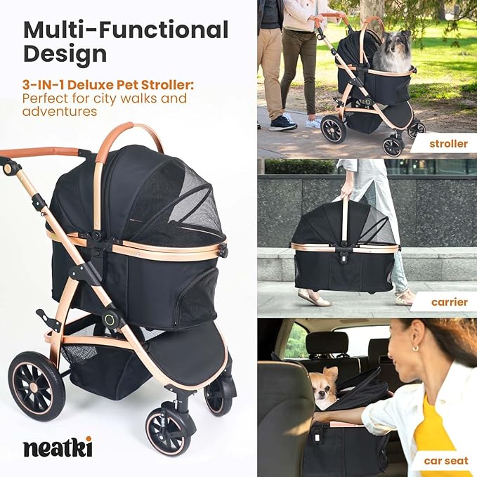 3 in 1 Pet Stroller - Stroller for Small to Medium Dogs and Cats up to 55 lbs, with Detachable Carrier/Car Seat, Foldable and Lightweight, Detachable Cushion + Cup Holder (Black/Gold)-Mewly Pet