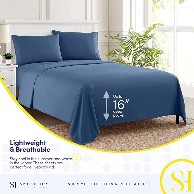 1800 Supreme Collection - Breathable Luxury California King Sheet Set with Full Elastic & Secure Corner Straps Built In - Cal King Deep Pocket Denim Bedding Set