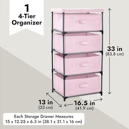 Juvale 4-Tier Dresser for Bedroom - 16.5 x 13 x 33 in, Pink, Modern - Closet Dresser with 4 Fabric Drawers for Clothes & Bedroom Storage