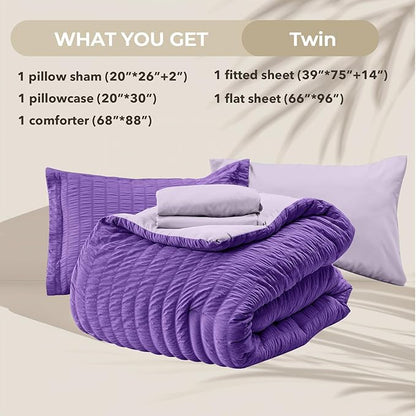 HYMOKEGE Dark Purple/Lavender Twin Comforter Set Seersucker 5 Pieces, All Season Luxury Bed in a Bag for Bedroom, Bedding Set with Comforter, Sheets, Pillowcase & Sham