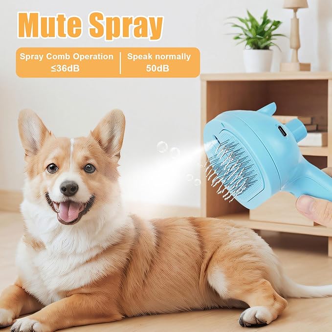 Cat Steam Brush for Shedding, Pet Steam Brush for Dog with Release Button,Anti-Static Pet Spray Hair Removal Comb,Cat Spray Comb for Long & Short Haired Pets,Blue-Mewly Pet