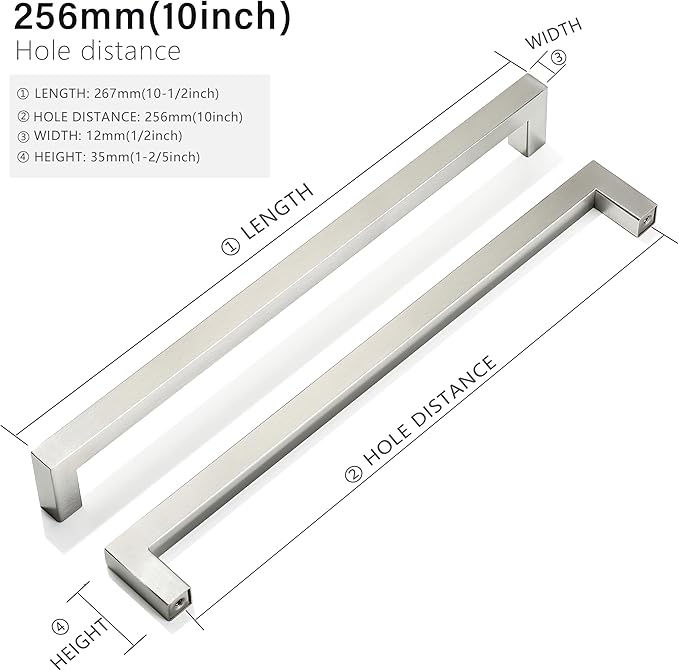 Cabinet Pulls Brushed Nickel Cabinet Handles Square Drawer Pulls, 2 Pack 10 Inch Stainless Steel Kitchen Door Cupboard Cabinet Handles, Cabinet Hardware Drawer Handles, 256mm Hole Centers