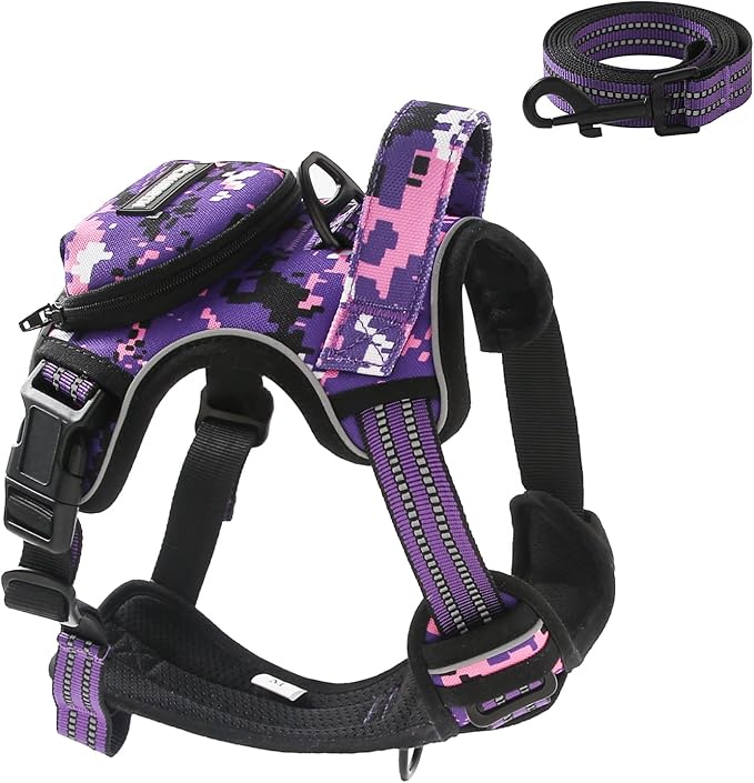 No Pull Dog Harness for Medium Dogs, Adjustable No Choke Pet Vest with Dog Leash Fit Smart Reflective Pet Walking Harness for Training Easy Control Soft Handle Purple Camo M-Mewly Pet