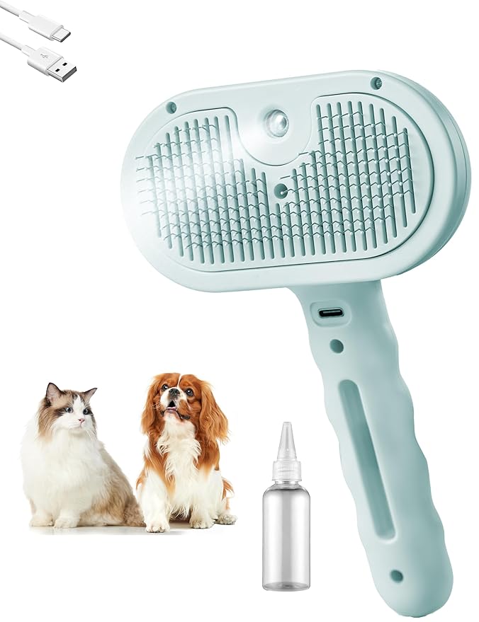 Pet Grooming Steam Brush, Pet Spray Hair Removal Comb, Anti-Static, Rechargeable, Comfortable Grip, for Dogs & Cats, Spray Hair Removal Comb, Steam Brush for Shedding & Grooming, Green-Mewly Pet