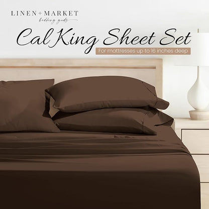 Linen Market Bed Sheets for Cal King Size Bed (Chocolate) - Sleep Better Than Ever with These Soft and Cooling California King Sheets - Deep Pocket Fits 16" Thick Beds - 4 Piece Cal King Sheet Set