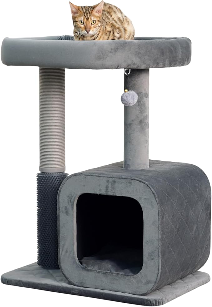Catry 30" High 3 Level Modern Cat Tree with Large Base Condo,Removable Washable Top Bed, Recycled Paper Scratching Post, Self Grooming Brush, for Small Medium Cat(Dim Gray)-Mewly Pet