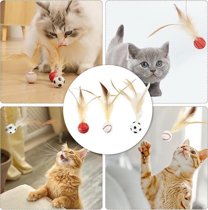 6 Pcs Feather Ball Cat Toy,Interactive Feather Bouncy Ball Toy Set for Cats,Mini and Elastic,Suitable for Pets to Play Indoors and Outdoors-Mewly Pet