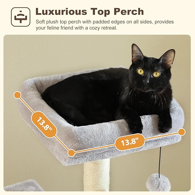 62-Inch Cat Tree for Indoor Cats, Large Cat Tower with Scratching Posts for Large Cats, 2 Bigger Plush Condos, Padded Platform, Soft Cat Bed and Scratching Pad, 2 Pompoms, Gray-Mewly Pet
