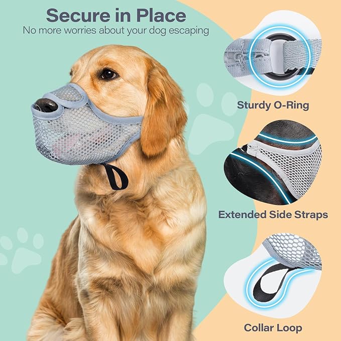 LUCKYPAW Dog Muzzle for Large Medium Small Dogs, Patented Mesh Muzzle to Prevent Biting Chewing Eating, Soft Mouth Guard with Front Opening Design for Drinking Panting(Grey, L)-Mewly Pet