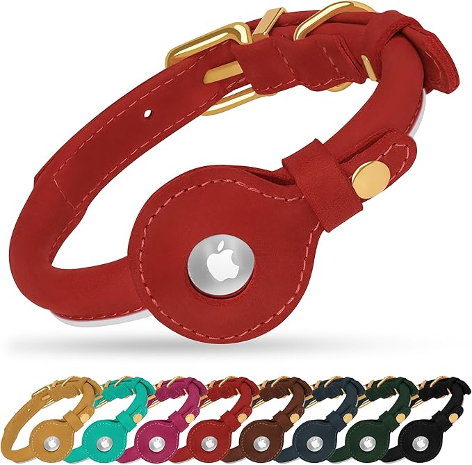 OOPSDOGGY Rolled Leather Dog Collar with Airtag Holder - Reflective Round Airtag Dog Collar - Soft Tracking Pet Collar for Small Dogs Puppy Cats Kitten (Red, M, 12"-15")-Mewly Pet