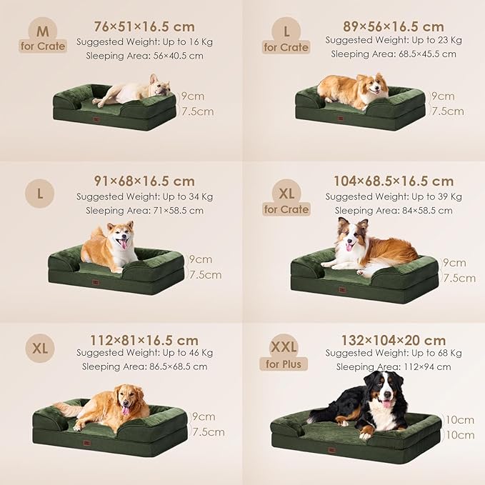 EHEYCIGA Orthopedic Dog Beds for Large Dogs, Waterproof Memory Foam Large Dog Bed with Sides, Non-Slip Bottom and Egg-Crate Foam Pet Couch Bed with Washable Removable Cover, Dark Green-Mewly Pet