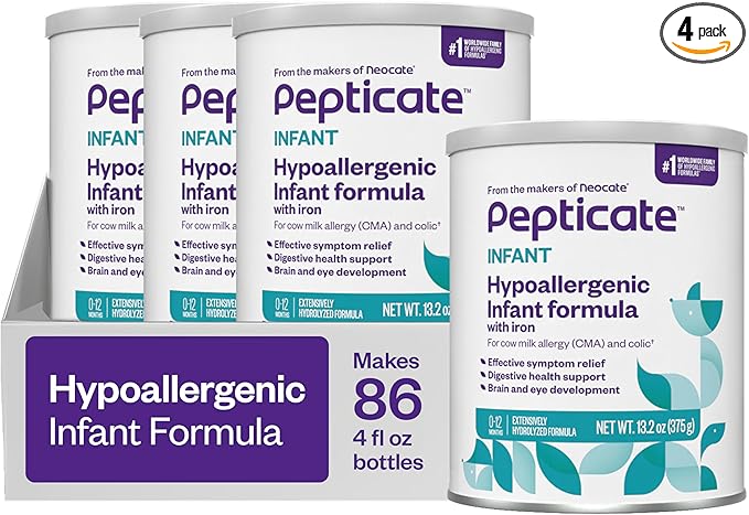 Pepticate Baby Formula, Hypoallergenic Powdered Infant Formula for Cow Milk Allergy, with Omega 3 DHA, ARA, Iron & Prebiotics, 13.2oz (Pack of 4)-Mewly Pet