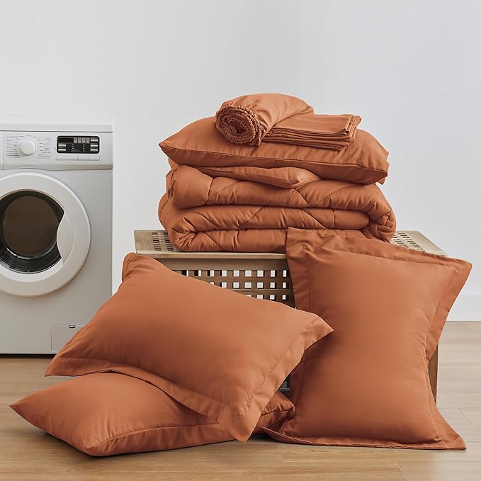 Love's cabin King Size Comforter Set Terracotta, 7 Pieces King Bed in a Bag, All Season Bedding Sets with 1 Comforter, 1 Flat Sheet, 1 Fitted Sheet, 2 Pillowcase and 2 Pillow Sham