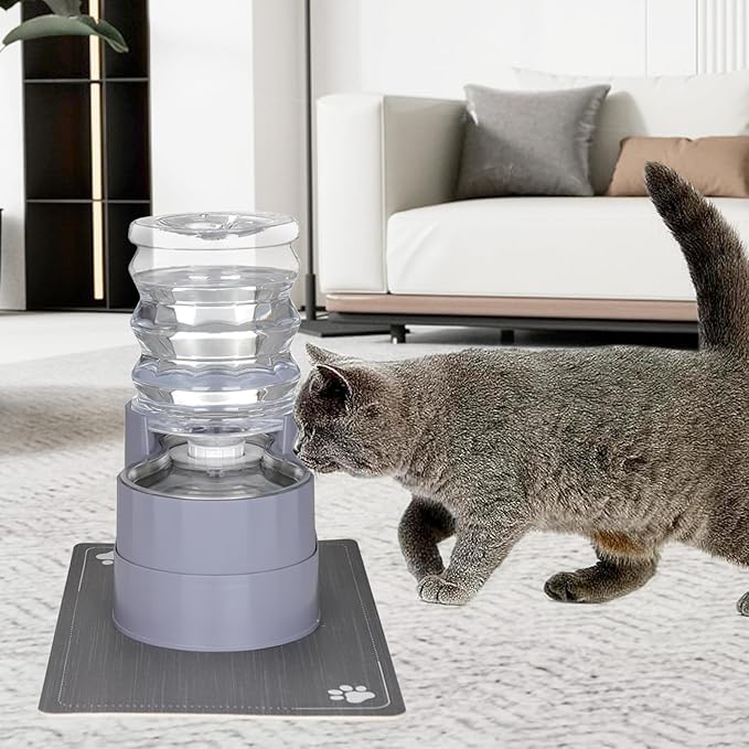 Sfozstra Automatic Gravity Water Dispenser: 5L Gray Stainless Steel Pet Bowl Waterer with Waterproof Pad - Raised Edge Water Feeder for Cats & Small Dogs Indoor/Outdoor-Mewly Pet